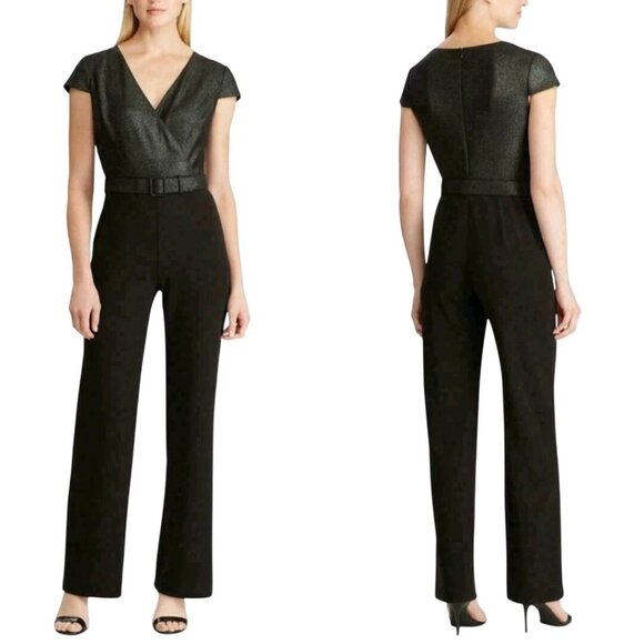 Lauren Ralph Lauren NWT Jalissa Metallic Plunging Jumpsuit Wide Leg Size 16 - Picture 1 of 12